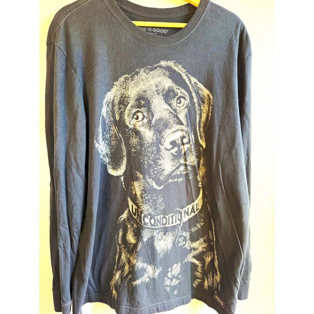 Life is Good Crusher Tee Mens L Black Long Sleeve Crew Neck Cotton Dog Graphic